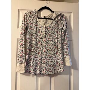 True Vintage Y2K Roxy Womens Floral Waffle Knit Henley Hoodie Ivory Pink Teal L